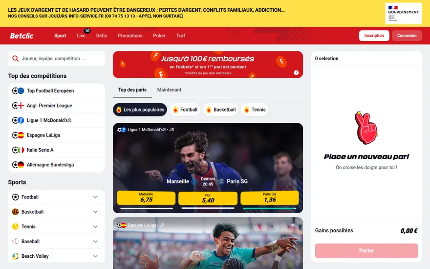 Page d'accueil de Betclic, agréé ANJ pour les paris sportifs, hippiques et le poker