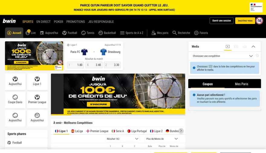 Page d'accueil de bwin, agréé ANJ pour les paris sportifs et le poker