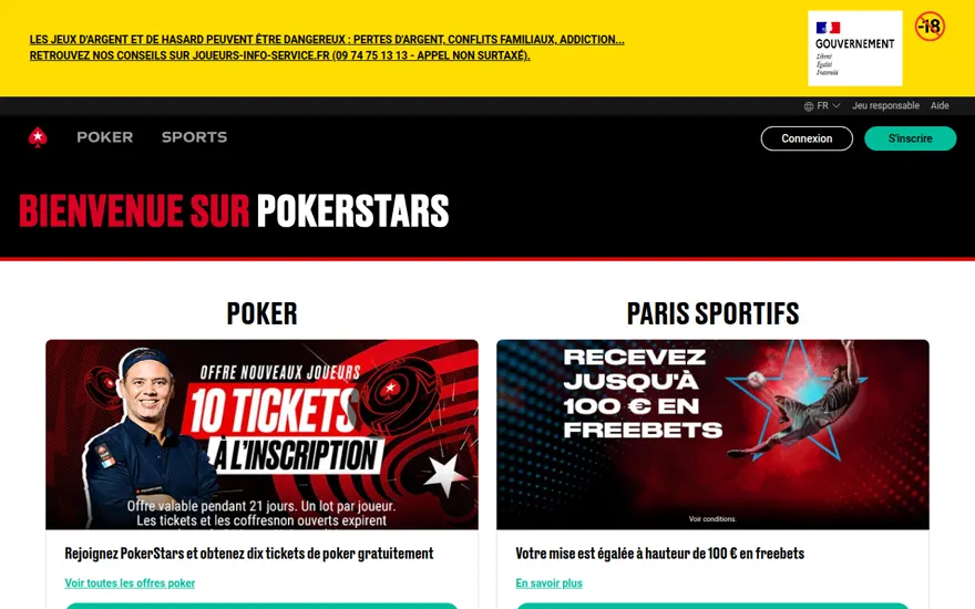 Page d'accueil de PokerStars France, agréé ANJ pour le poker